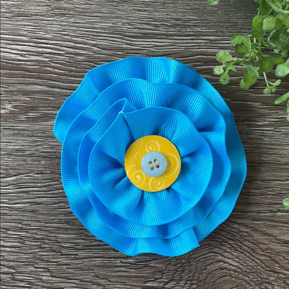 Bright Blue Ribbon Flower Hair Clip with Yellow Button Center
